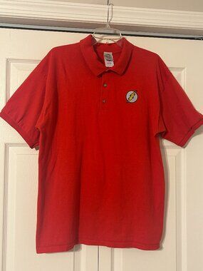 Mens Vintage DC COMICS Flash Sz L Red Short Sleeve Embroidered Polo Shirt Top